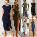 Women's Maxi Dress - Asymmetric Design - Short Sleeve - High Slit - With Belt