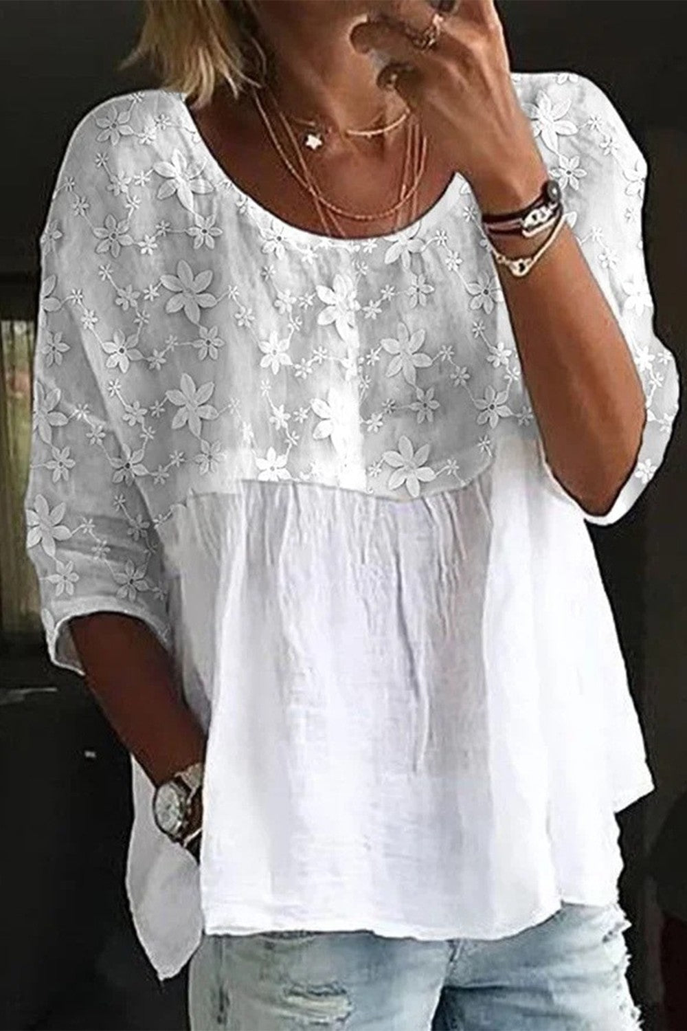 Breathable Loose Fit Lace Embroidery Shirt