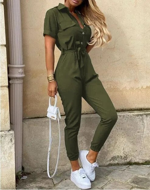 Women's Jumpsuit - Utility Style - Button Closure - Waist Tie - Short Sleeves