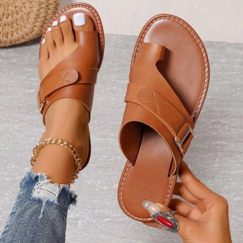 Women's Sandals - Genuine Leather - Open Toe - Comfortable Flat Sole - Casual Everyday