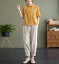 Women's Shirt Blouse - Cotton Linen - Relaxed Fit - Short Sleeves - Buttoned Front