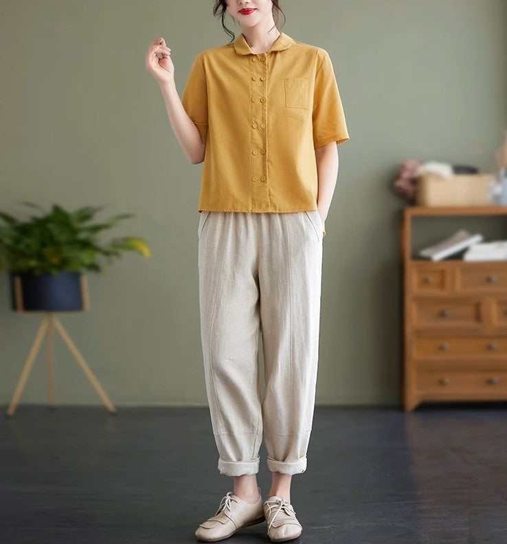 Women's Shirt Blouse - Cotton Linen - Relaxed Fit - Short Sleeves - Buttoned Front