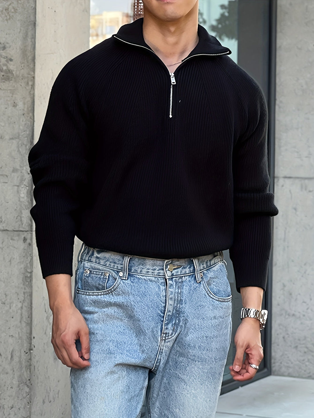 Half Zipper High Collar Rib Knit Sweater