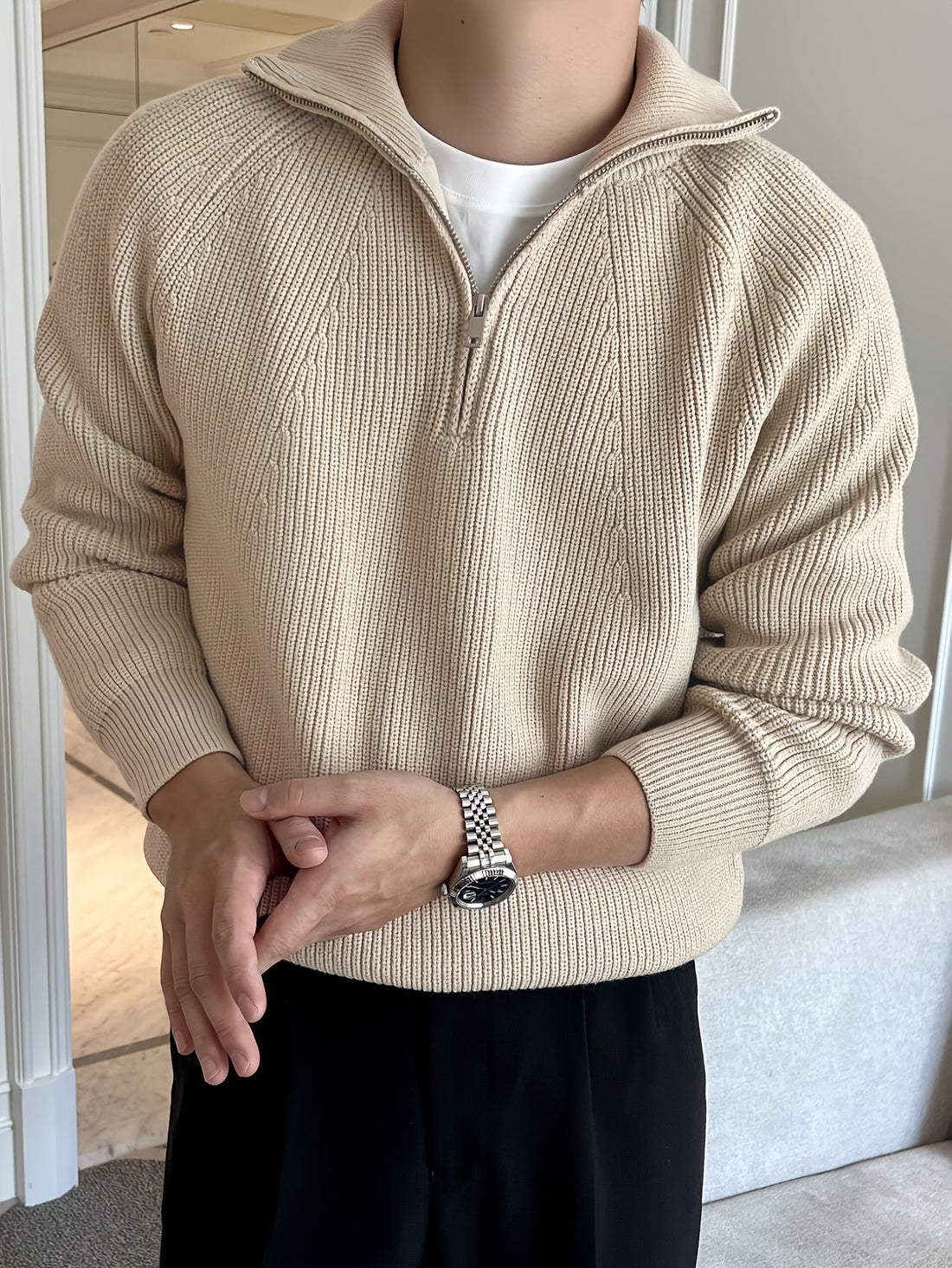 Half Zipper High Collar Rib Knit Sweater